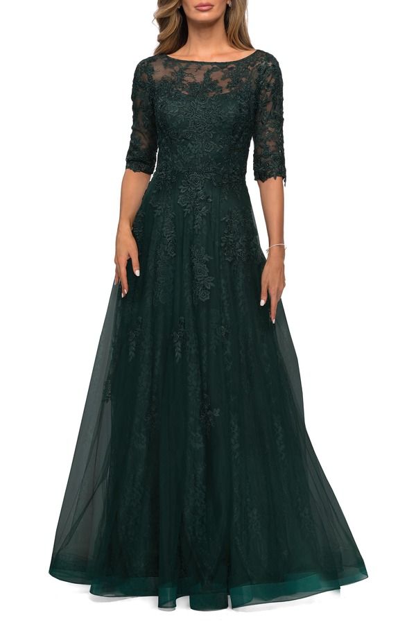 ラフェム レディース トップス ワンピース チュール A ライン レース La Femme Lace and Tulle Aline Gown withree Quarter Sleeves Emerald エメラルド