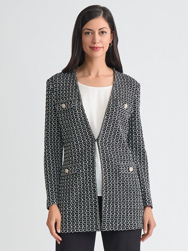 ミソック レディース アウター ジャケット・ブルゾン ツイード ニット Misook Heritage Jewel Trim Tweed Knit Jacket BlackWhite ホワイト