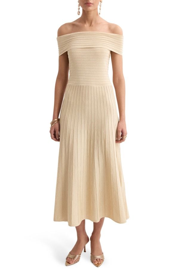 マンゴ レディース トップス ワンピース セーター MANGOff the Shoulder Flared Sweater Dress Gold ゴールド
