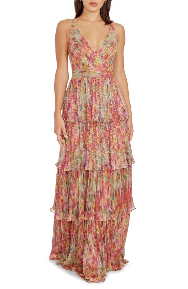 ドレスザポプレーション レディース トップス ワンピース ティアード プリントール Dress the Population Lorain Abstract Print Metallic Tiered Gown Bright Fuchsia Multi フュー