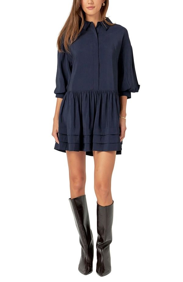 イングリッシュファクトリー レディース トップス ワンピース バルーンスリーブ シャツ English Factory Balloon Sleeve Drop Waist Shirtdress Navy ネイビー