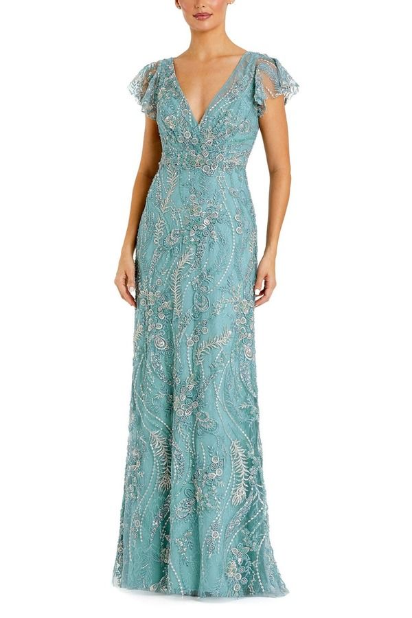 マックダガル レディース トップス ワンピース Vネック フラワー柄 刺繍 フラワー Mac Duggal V Neck Flutter Sleeve Floral Embroidered Gown Seafoam