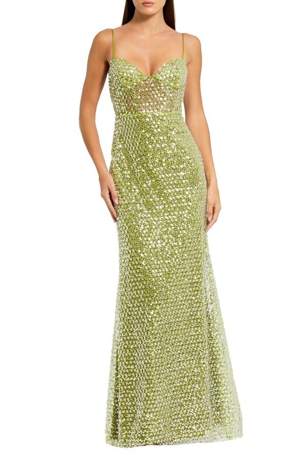 マックダガル レディース トップス ワンピース メッシュ ノースリーブ Mac Duggal Embellished Mesh Sleeveless Bustier Gown Apple Green グリーン