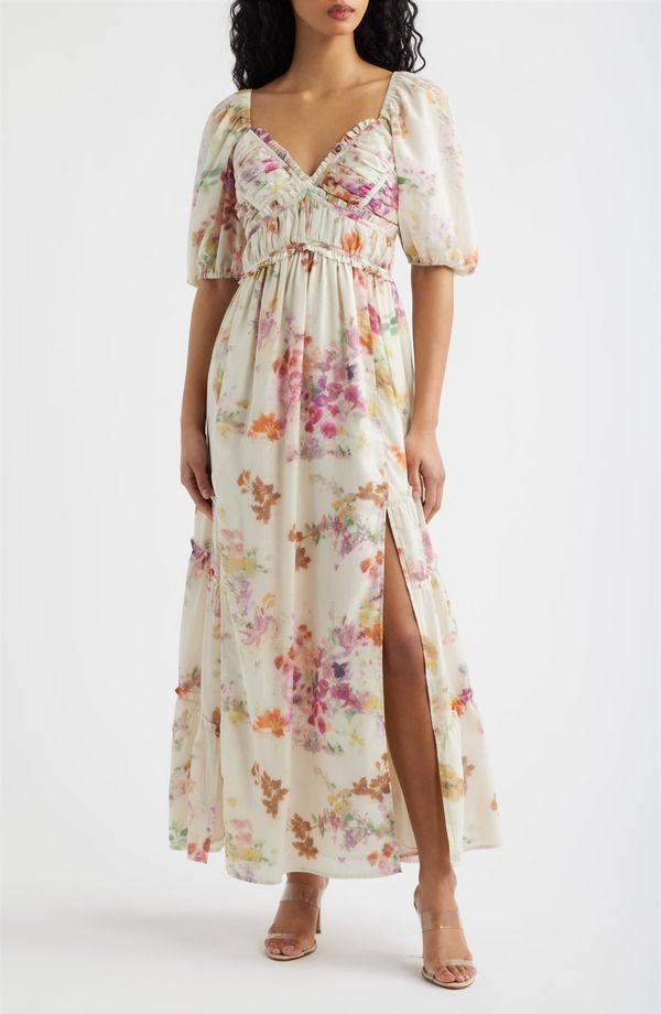 ルルズ レディース トップス ワンピース フリル マキシ Lulus Madison Ruffle Puff Sleeve Maxi Dress Ivory Multi Floral アイボリー