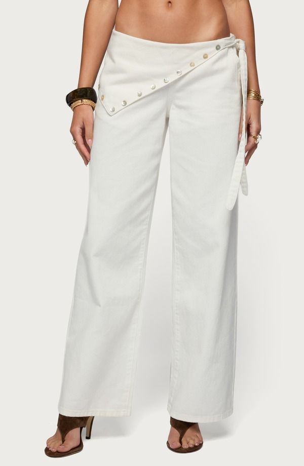 アディクテッド レディース ボトムス デニムパンツ ワイドレッグ ローライズ ジーンズ EDIKTED Button Foldover Low Rise Wide Leg Jeans OffWhite オフホワイト
