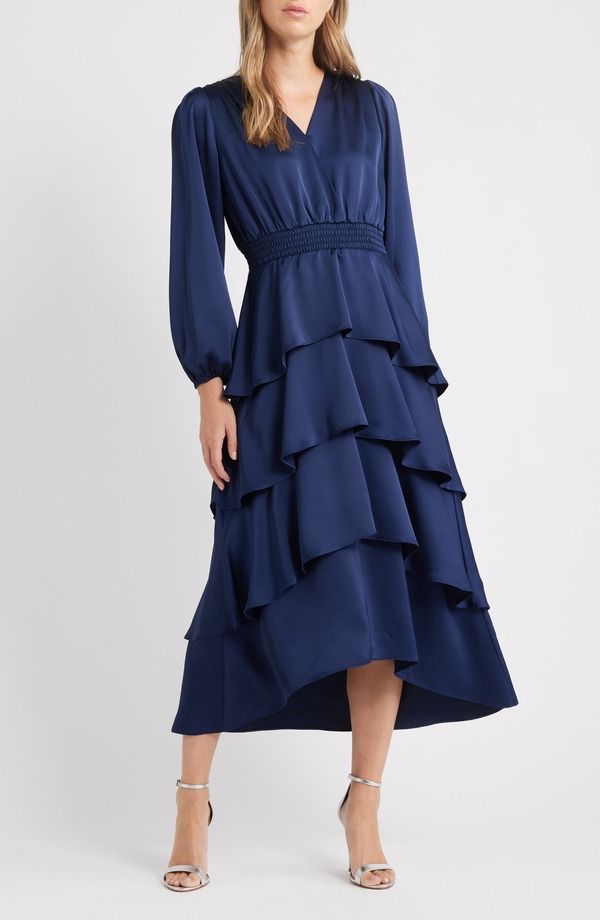 アンクライン レディース トップス ワンピース ティアード サテン Anne Klein Long Sleeve Tiered HighLow Satin Dress Distant Mountain 30,420円