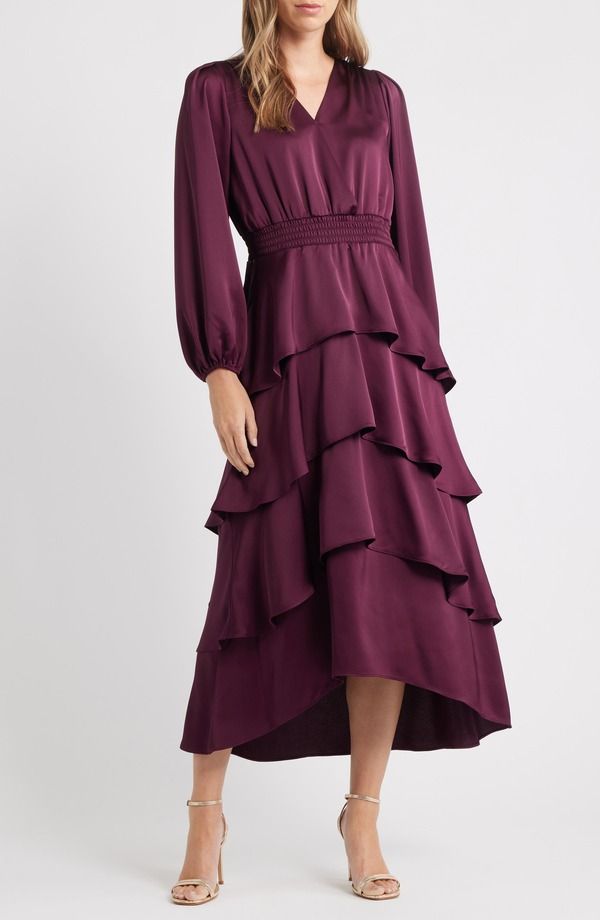 アンクライン レディース トップス ワンピース ティアード サテン Anne Klein Long Sleeve Tiered HighLow Satin Dress Dark Chianti