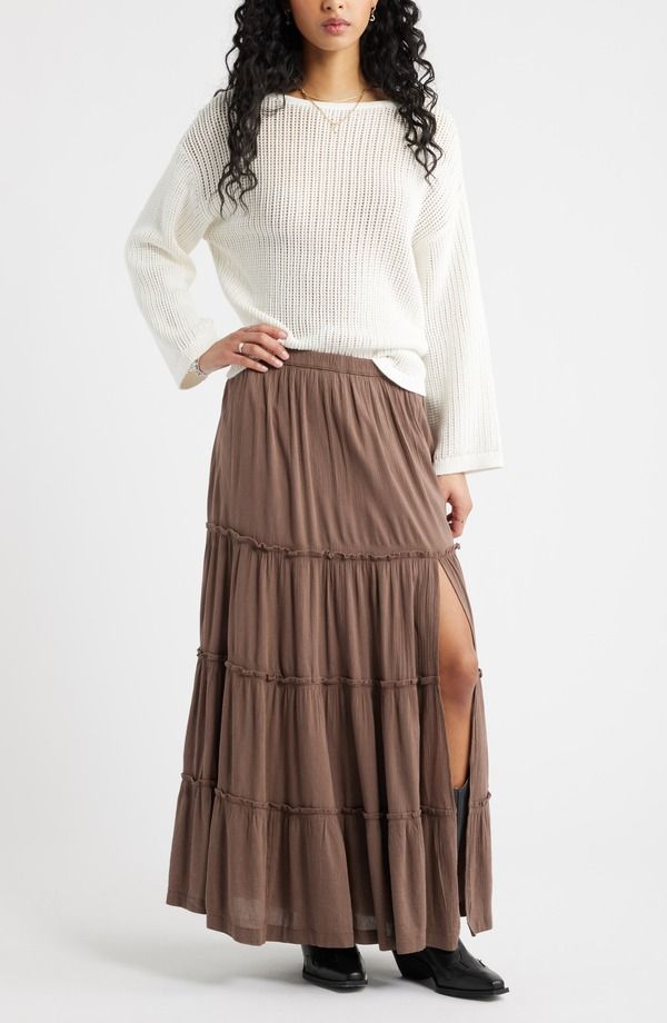 ビーピー レディース ボトムスカート ティアード リネン マキシ BP Tiered Linen Blend Crinkled Gauze Maxi Skirt Brown Quartz ブラウン