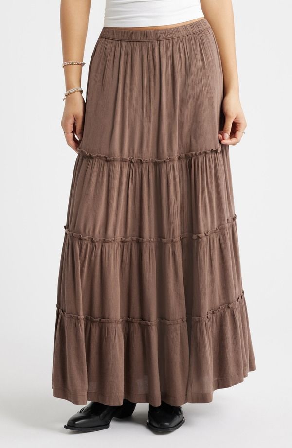 ビーピー レディース ボトムスカート ティアード リネン マキシ BP Tiered Linen Blend Crinkled Gauze Maxi Skirt Brown Quartz ブラウン の商品写真