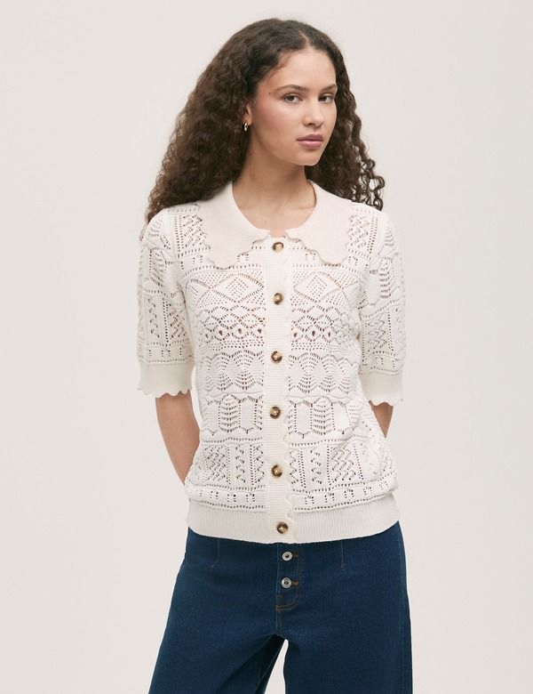 ファイナリー ロンドン レディース アウター パーカー・スウェット カーディガン Finery London Marlowe Short Sleeve Crochet Cardigan Cream クリーム