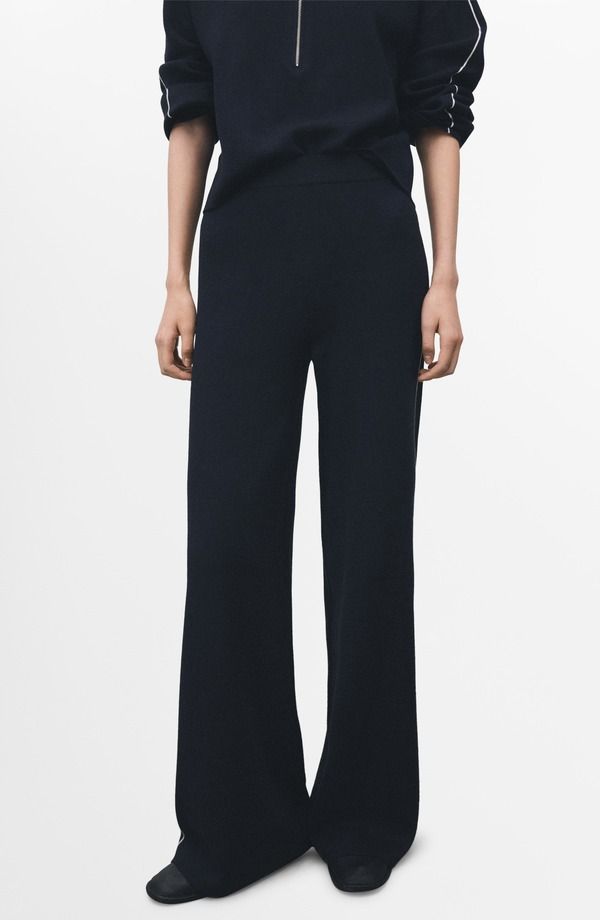 マンゴ レディース ボトムス デニムパンツ ストレート コントラスト MANGO Contrastripe Straight Leg Pants Navy ネイビー