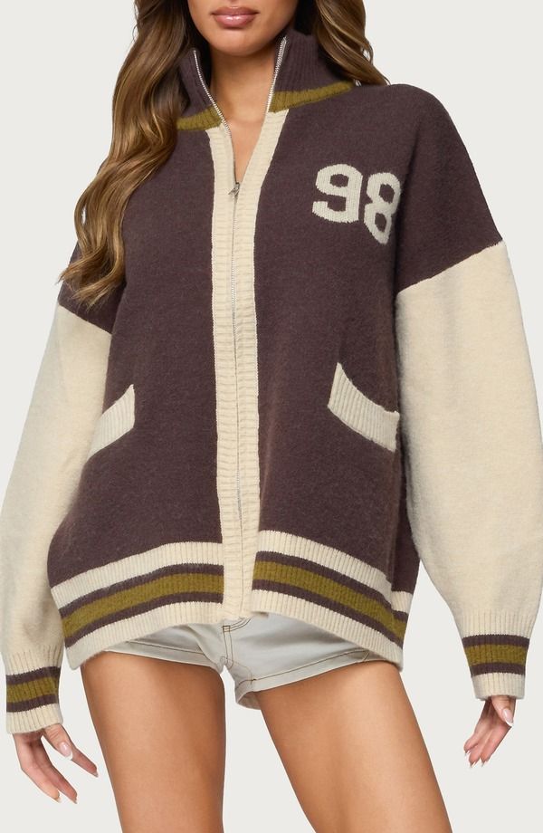 アディクテッド レディース アウター パーカー・スウェット セーター EDIKTED 98 Varsity Zip Sweater Brown ブラウン