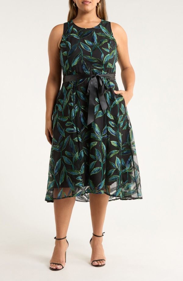タハリエーエスエル レディース トップス ワンピース ミディ ノースリーブ 刺繍 Tahari ASL Embroidered Tie Waist Sleeveless Midi Dress Black Jewel Teal ブラック