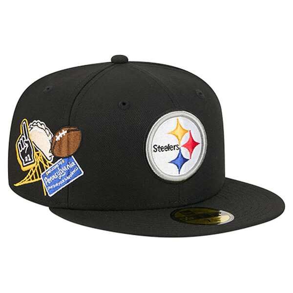 ニューエラ メンズ アクセサリー 帽子 Tシャツ Mens New Era Black Pittsburgh Steelers Group Chat 59FIFTY Fitted Hat Black ブラック