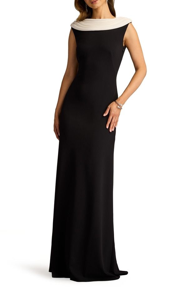 タダシショージ レディース トップス ワンピース クレープ Tadashi Shoji VBack Crepe Gown Black Ivory アイボリー