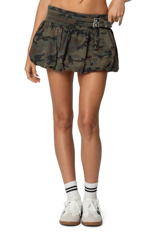 アディクテッド レディース ボトムス ハーフパンツ・ショーツ ミニ コットン EDIKTEDouble Belt Camo Cotton Bubble Miniskort Olive オリーブ