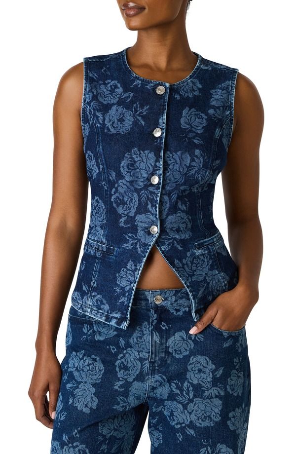スティーブ マデン レディース ボトムス デニムパンツ フラワー柄 ベスト フラワー Steve Madden Wesley Floral Denim Vest Rose Frost デニム