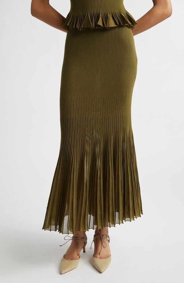ウラ・ジョンソン レディース ボトムスカート プリーツ ミディ トール Ulla Johnson Vera Metallic Pleated Midi Skirt Olive オリーブ