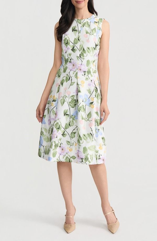 カスパール レディース トップス ワンピース プリーツ ノースリーブ KASPER Pleated Princesseam Sleeveless Fit Flare Dress Lily White Multi ホワイト