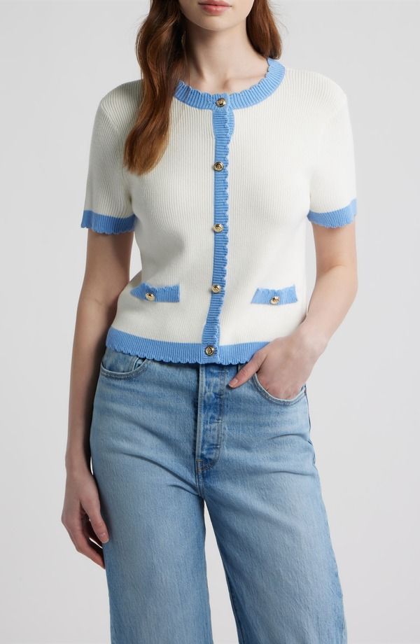 フレンチコネクション レディース アウター パーカー・スウェット カーディガン French Connection Bennet Short Sleeve Rib Cardigan Summer WhiteBlue Hy ホワイト