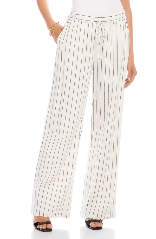 カレンケーン レディース ボトムス レギンス ワイドレッグ パンツ リネン Karen Kane Stripe Linen Blend Wide Leg Drawstring Pants Cream クリーム