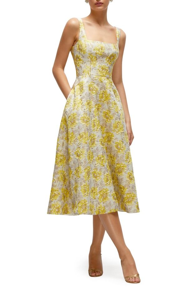 ドレッシーコレクション レディース トップス ワンピース フラワー柄 ミディ トール フラワー Dessy Collection Golden Metallic Floral Midi Cocktail Dress Golden Yellow イエロー
