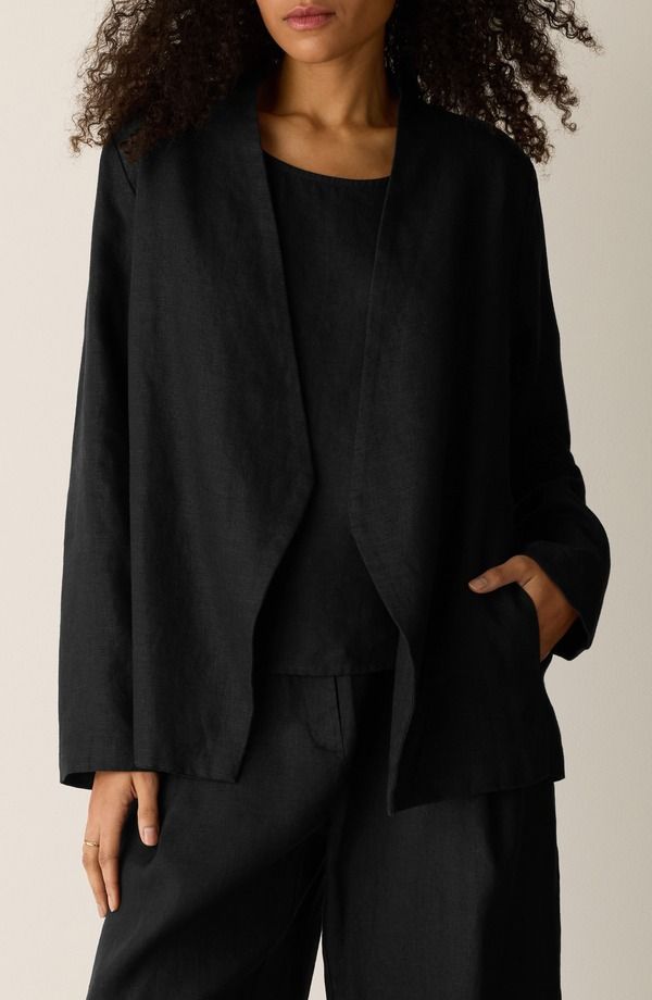 エイリーンフィッシャー レディース アウター ジャケット・ブルゾン リネン Eileen Fisher Open Front Organic Linen Jacket Black ブラック