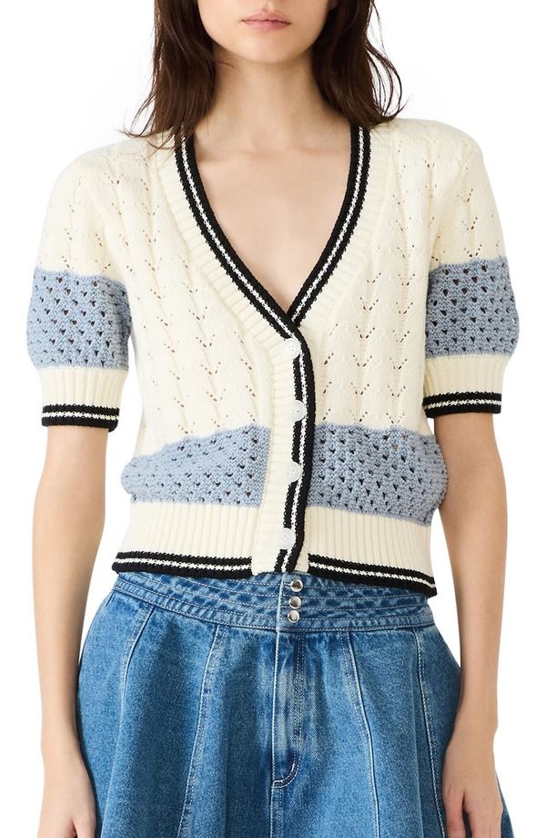 スティーブ マデン レディース アウター パーカー・スウェット コットン カーディガン Steve Madden Fiona Tipped Cotton Blend Pointelle Cardigan Blue ブルー