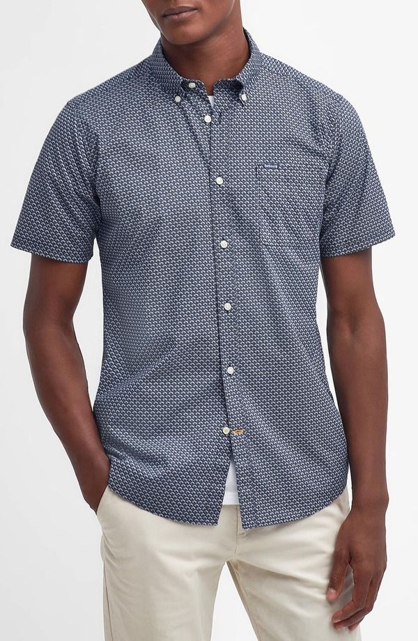 バブアー メンズ トップス シャツ プリント コットン ダウン Barbour Tailored Fit Scalloprint Short Sleeve Cotton ButtonDown Shirt Navy ネイビー