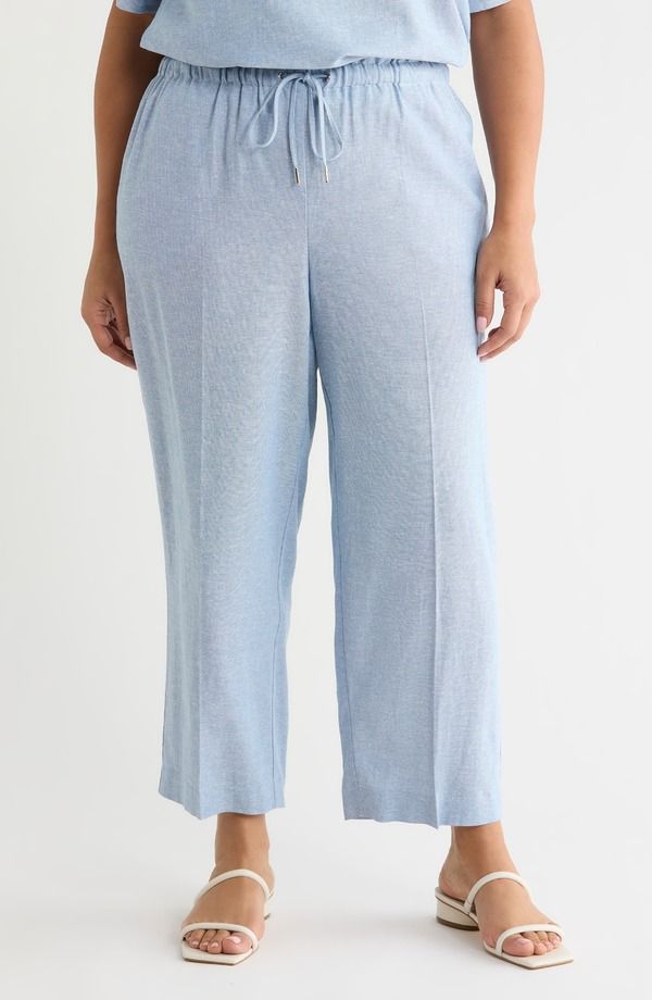 アンクライン レディース ボトムス レギンス ワイドレッグ パンツ リネン Anne Klein Crop Wide Leg Drawstring Linen Blend Pants Lagoon Crisp White ホワイト