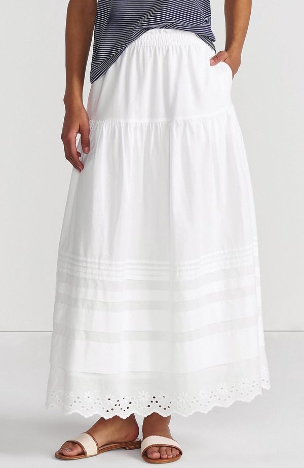ランズエンド レディース ボトムスカート ティアード マキシ Lands End Voile Tiered Eyelet Maxi Skirt White ホワイト