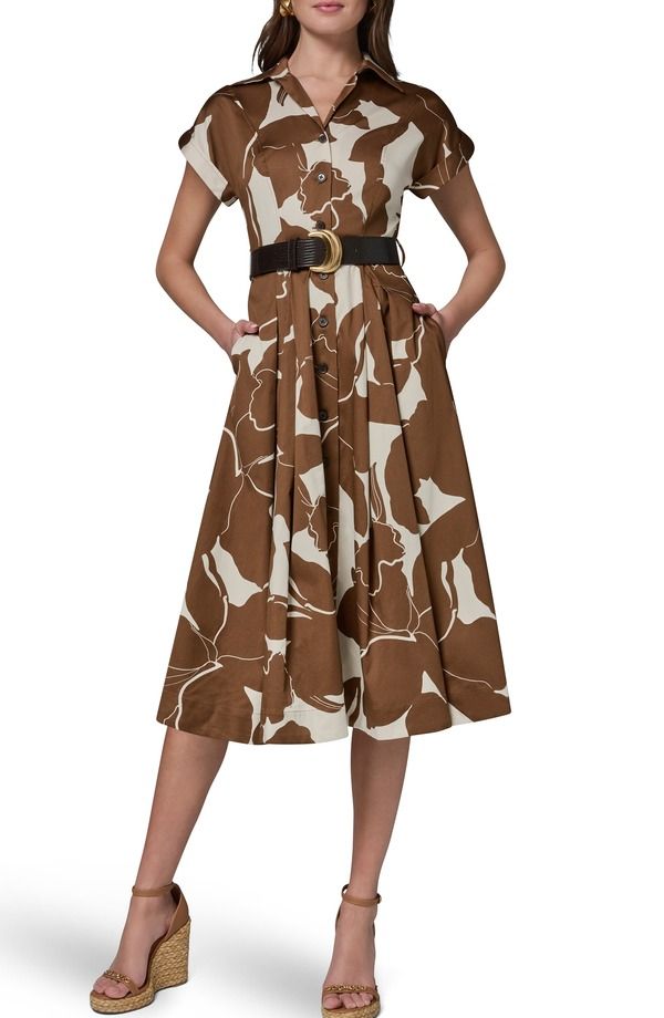 ダナ キャラン ニューヨーク レディース トップス ワンピース フラワー柄 ミディ シャツ コットン フラワー Donna Karanew York Floral Belted Stretch Cotton Midi Shirtdress Cognac Lig