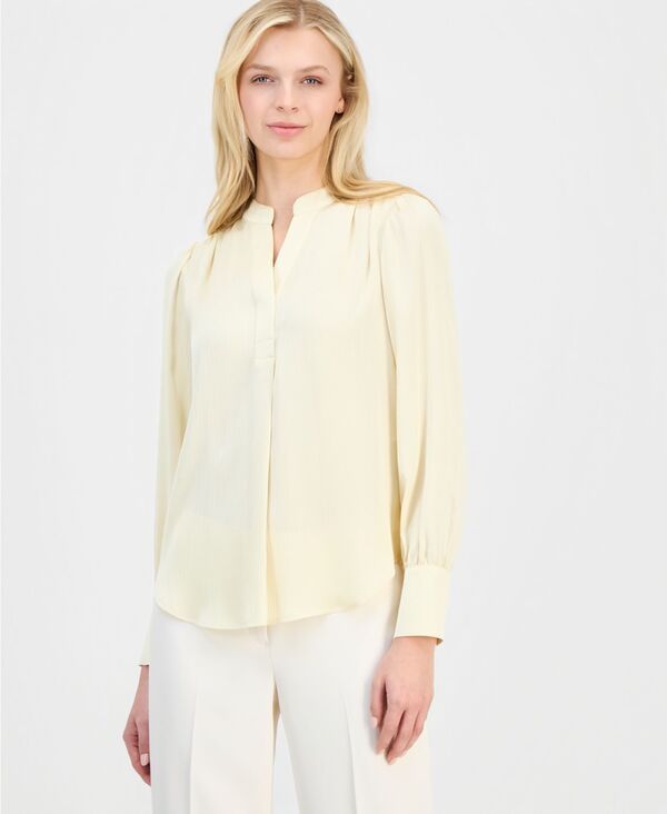 アンクライン レディース トップス シャツ ブラウス 長袖 Anne Klein Womens PleatFront LongSleeve Blouse Whisper Yellow イエロー