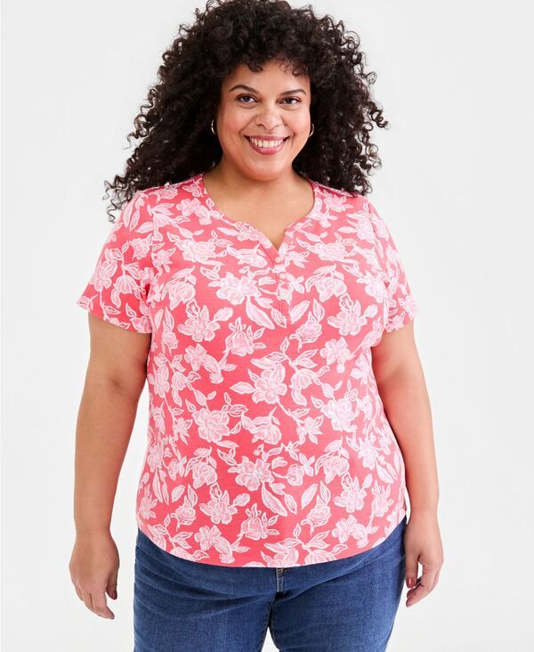 スタイルアンドコー レディース トップス シャツ 半袖 コットン Style Co WomenshortSleeve Cotton Henley Top Exclusively at Macys Tuscon Coral コーラル