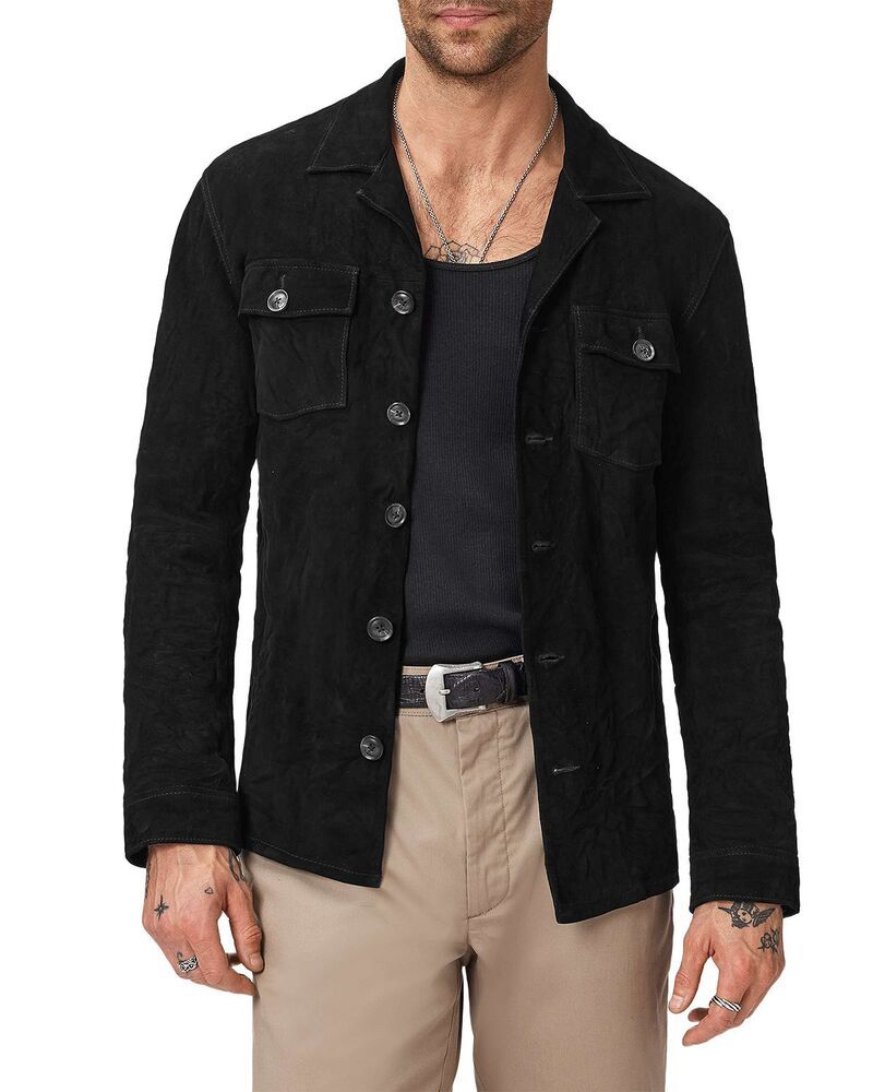 ジョンバルベイトス メンズ アウター ジャケット・ブルゾン シャツ レザー John Varvatos Jesse Leather Shirt Jacket with Buttons Black ブラック