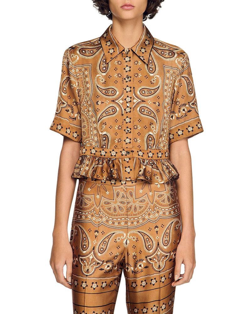 サンドロ レディース トップス シャツ プリント クロップド Sandro Vanessi Bandana Print Cropped Shirt Brown Black ブラック 58,680円