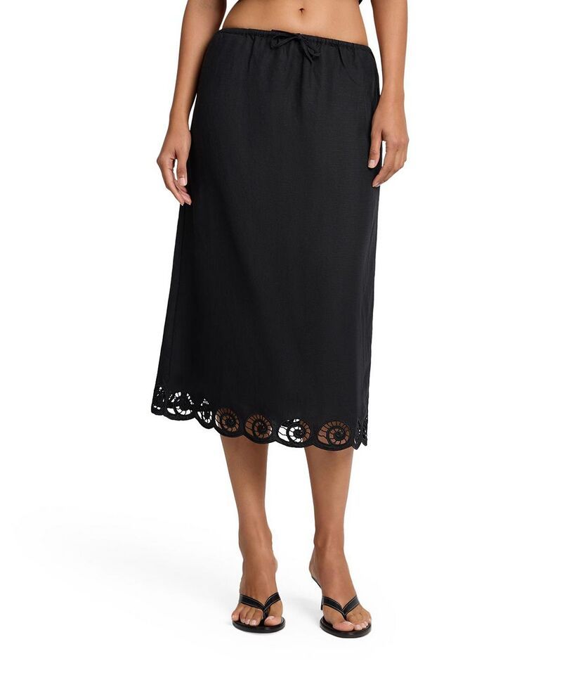 オニア レディース ボトムスカート ミディ リネン Oniair Linen Scallop Midi Skirt Black ブラック