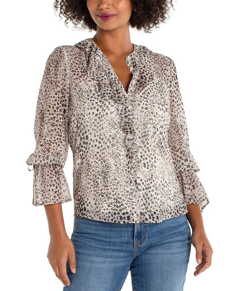 リヴァプール ロサンゼルス レディース トップス シャツ フリル Liverpoolos Angeles Long Sleeve Ruffle Front Woven Shirt Brown Multi Animal ブラウン