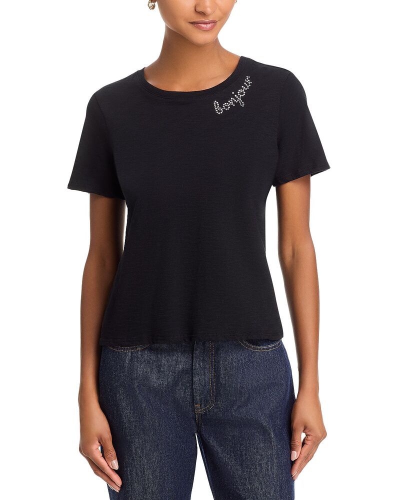 サンク セプト レディース トップス Tシャツ Cinq Sept Rhinestone Bonjour Shrunken Tee BlackClear ブラック