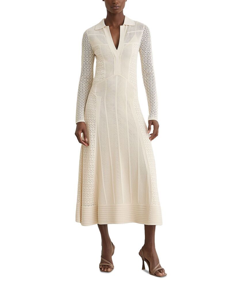 レイス レディース トップス ワンピース ミディ ニット REISS Pointelle Knit Panelled Midi Dress Cream クリーム