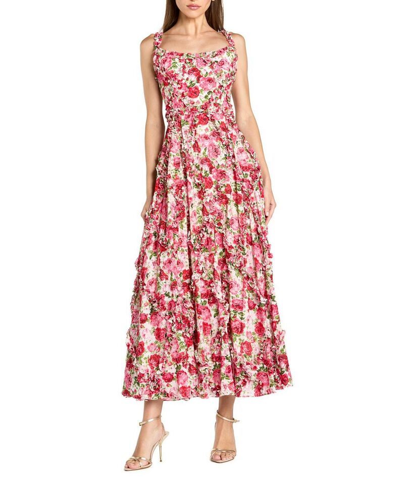 マックダガル レディース トップス ワンピース フラワー柄 プチ フリル コットン アンクル フラワー Mac Duggal Petite Floral Cotton Ruffle Square Neck Ankle Dress Pink Multi ピンク