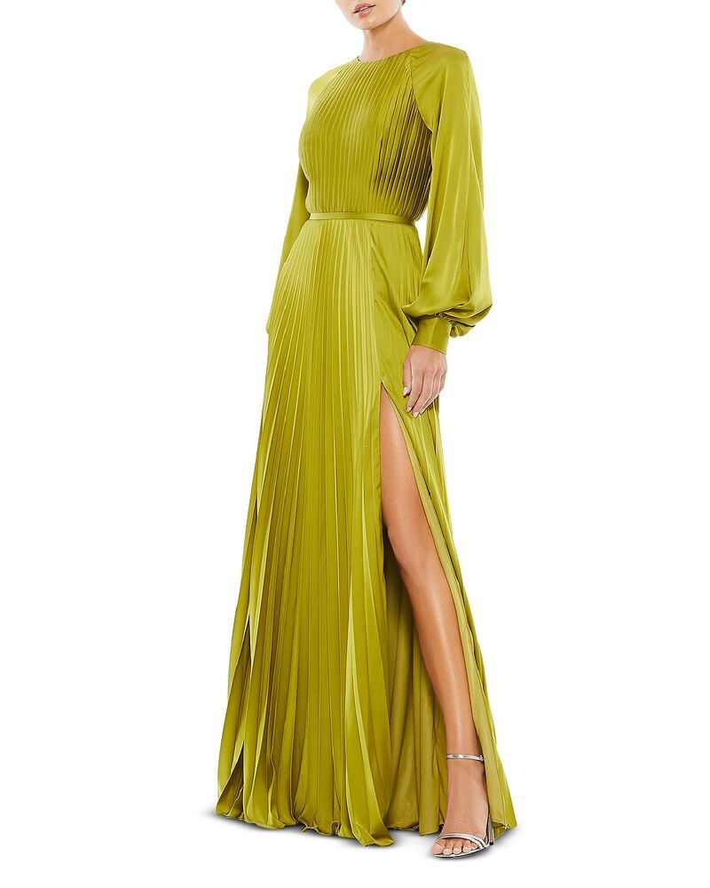 マックダガル レディース トップス ワンピース サイドスリット ハイネック プリーツ Mac Duggal Pleated High Neck Raglan Long Sleeve Side Slit Gown Apple Green グリーン