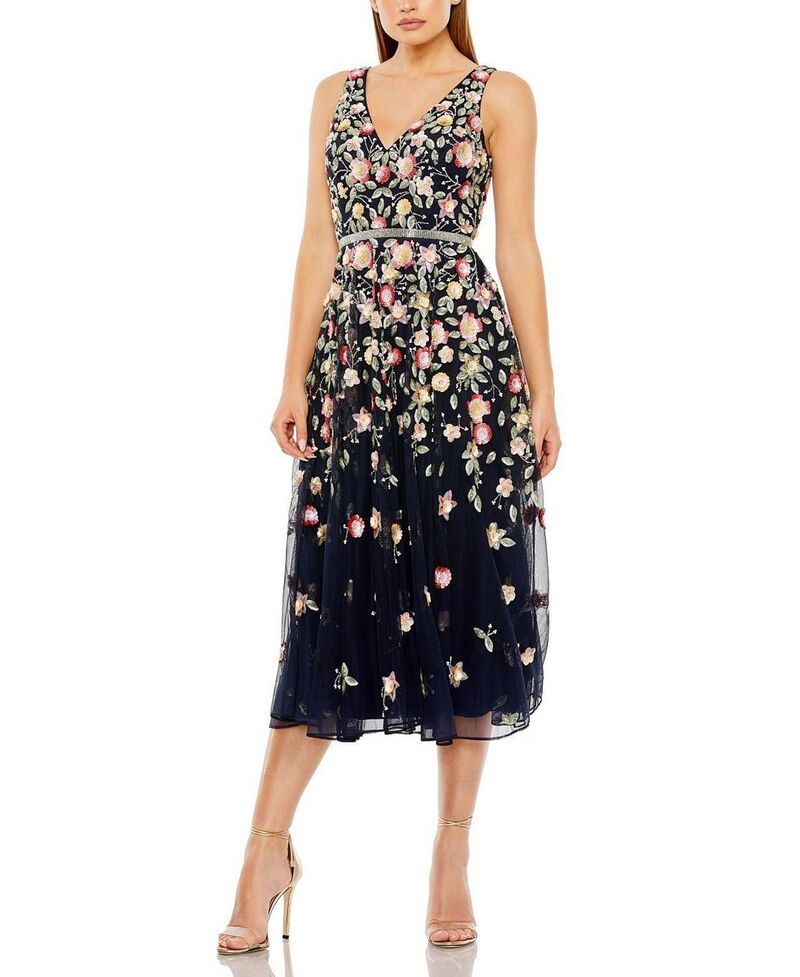 マックダガル レディース トップス ワンピース Vネック フラワー柄 ミディ フラワー Mac Duggal Floral Embellished VNeck Midi Dress Midnight Multi マルチカラー