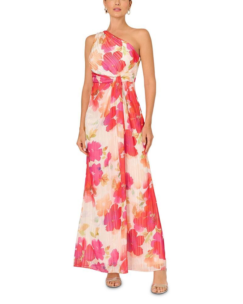 アドリアナ パペル レディース トップス ワンピース シフォン フラワー柄 フラワー Adrianna Papell One Shoulder Floral Chiffon Gown Ivory Pink Multi アイボリー