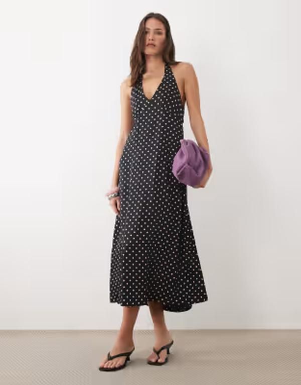 ノーバディーズ チャイルド レディース トップス ワンピース ドット柄 ドット ミディ ホルター Nobodys Child Lynette halterneck midi dress polka dot Black ブラック