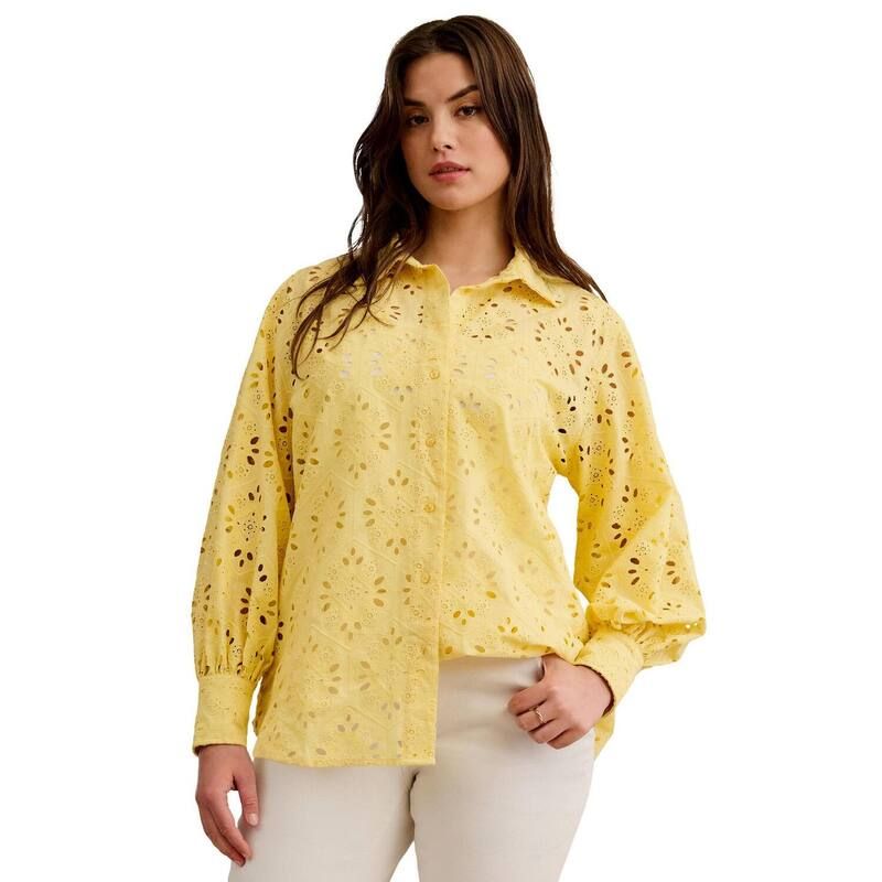 【送料無料】 Ellos レディース シャツ トップス Ellos Plus Size Eyelet Button Front Shirt With Blouson Sleeves Butter
