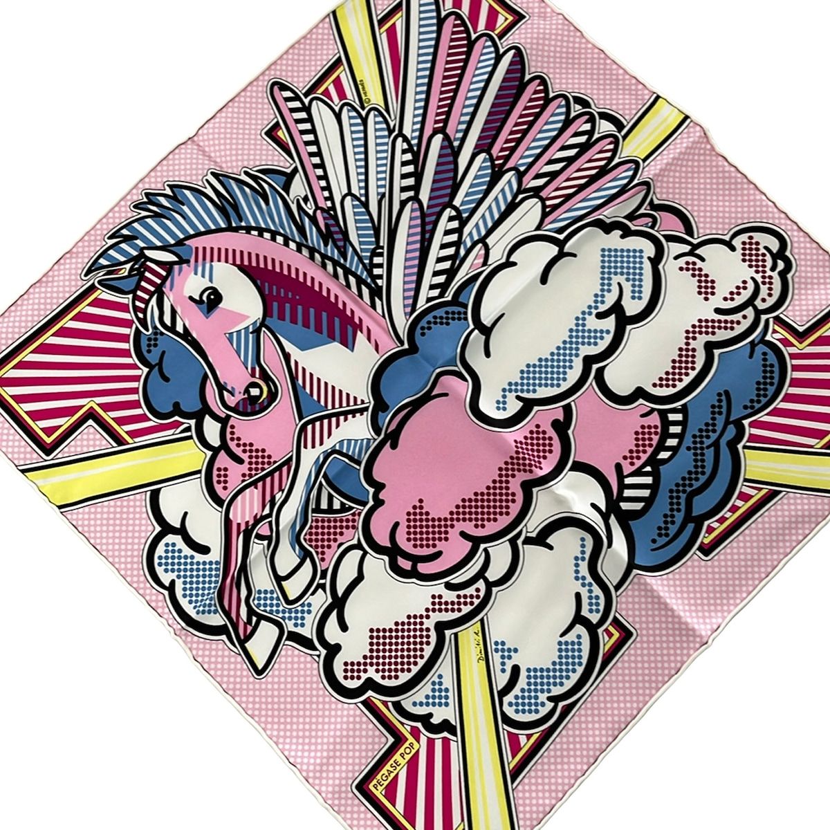 HERMES(エルメス) スカーフ美品 プチカレ 892975S 02 ローズ×ブルージーン×ジョーヌ PEGASE POP(ペガサス ポップ)