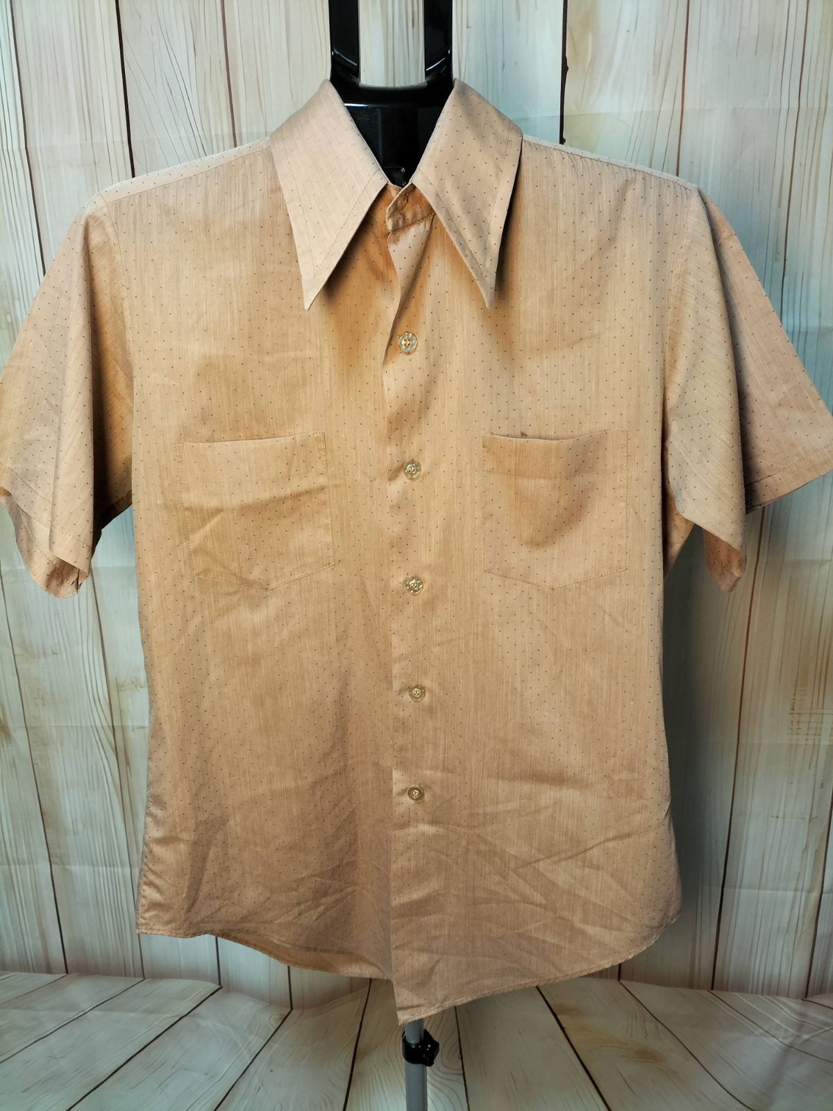 70s VAN HEUSEN Hampshine House 半袖ボタンダウンシャツ ドット柄 ベージュ 15 ポリコットン ヴィンテージ