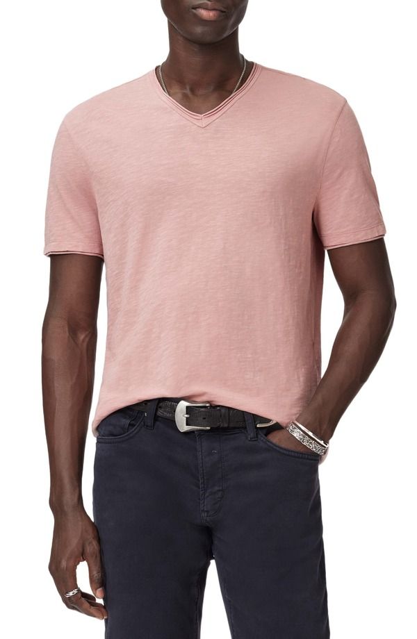 ジョンバルベイトス メンズ トップス Tシャツ コットン John Varvatos Mileslub Organicotton Raw Edge TShirt Pink Sand ピンク
