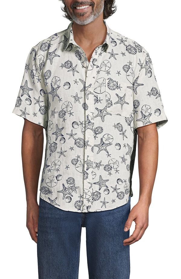 ランズエンド メンズ トップス シャツ リネン Lands End Traditional Fit Short Sleeve Linen Shirt Ivory LatteNavy Shells アイボリー